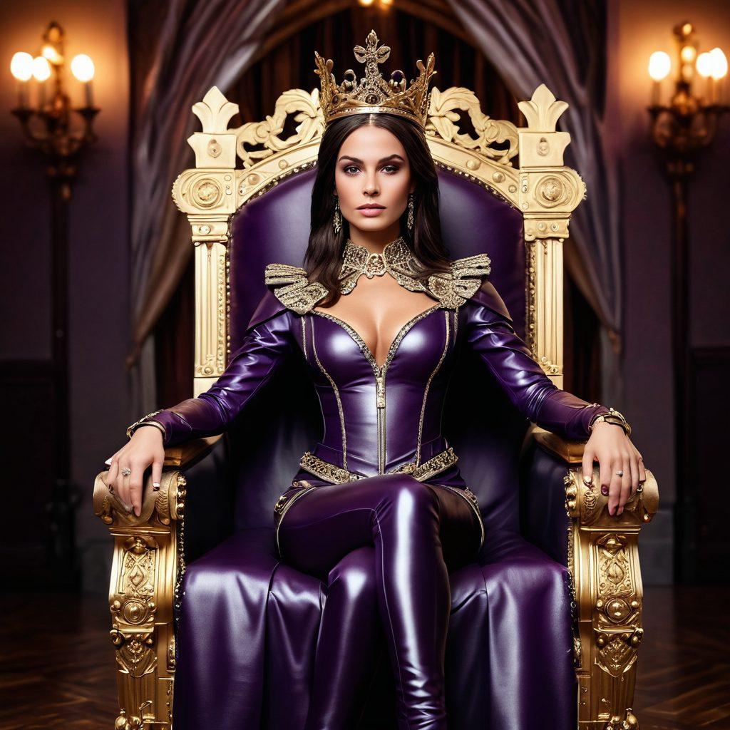A strong, confident woman in a regal, commanding pose, adorned in elegant leather attire, symbolizing empowerment and dominance. Surround her with subtle elements like a crown and a throne, reflecting the themes of supremacy and control. Include soft, warm lighting that enhances her aura and creates an inviting yet powerful atmosphere. Use rich colors like deep purples and golds to evoke a sense of luxury and strength. super-realistic. vibrant colors. dramatic lighting.