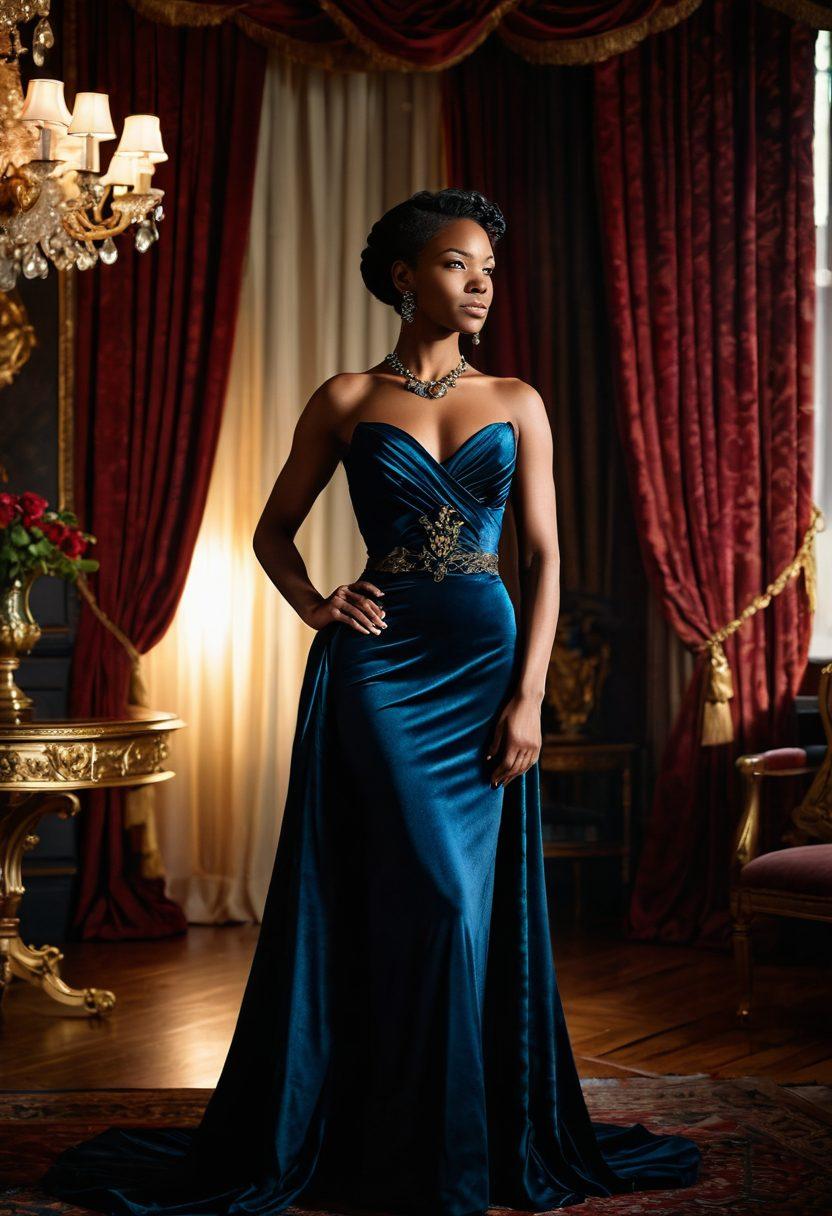 A powerful female figure standing confidently in a dominion-like setting, adorned in chic kink attire, with a backdrop of velvet drapes and opulent furniture. Radiating an aura of empowerment and sovereignty, she embraces her dominance with a subtle, welcoming smile. Surrounding her are symbols of consent and strength, like intertwined hands and blooming flowers. The lighting is dramatic, highlighting her figure while casting intriguing shadows. super-realistic. vibrant colors. dramatic lighting.